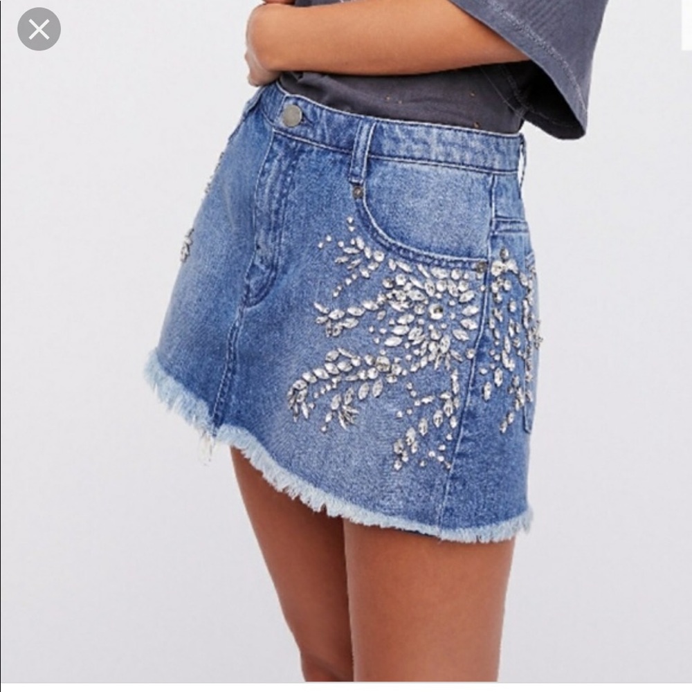 Free People. Rhinestone Embellished Denim Skirt